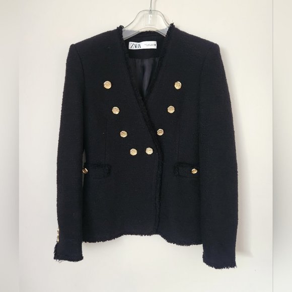 ZARA | Tweed blazer black golden buttons sz S - Picture 1 of 7